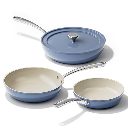 Ceramic Frying Pans Set Nonstick with Lid 4Pcs Cooking Pan Skillets (Blue / 8/9.5/11" with Lid)