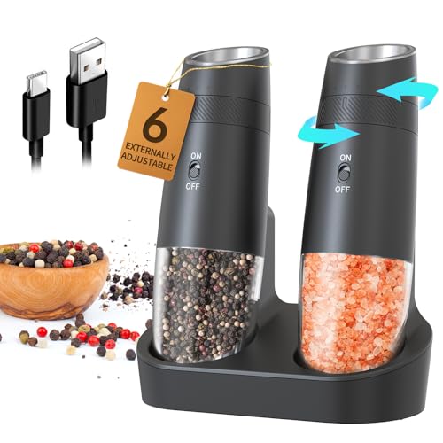 Gravity Electric Salt and Pepper Grinder Set Automatic Shakers Upgraded Pepper Mill with Rechargeable Base (Black Charging Base)