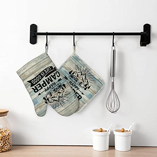 Happy Camper Oven Mitts and Pot Holders Sets of 4 (One Size / Silicone Camper)