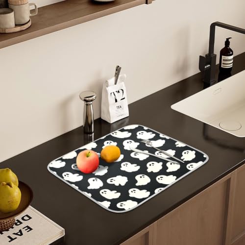 Halloween Cute Ghost Dish Drying Mat for Kitchen Counter Absorbent Microfiber Small Drying Pad Dish mats for Kitchen Countertops 16 x 18 Inch (Halloween Cute Ghost / 18" x 16")