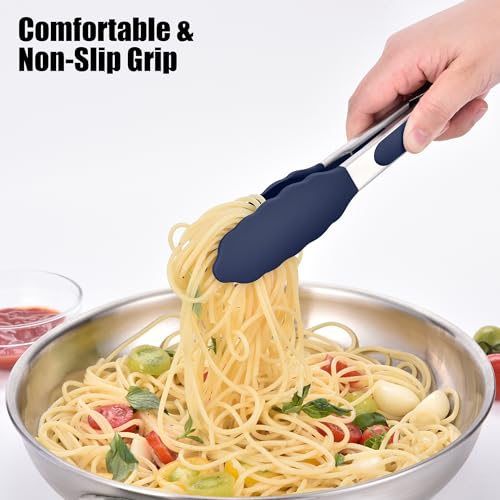 Kitchen Tongs with Silicone Tips for Cooking Serving (7in / Navy Blue)