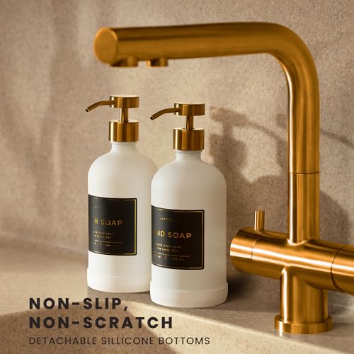 Hand and Dish Soap Dispenser for Kitchen and Bathroom (Matte White Bottle / Brushed Gold Pump)