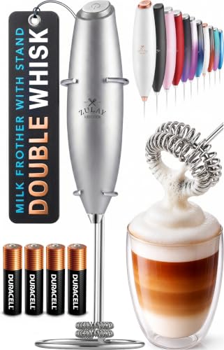 Powerful Milk Frother Wand With Duracell Batteries (Alpha Silver / Double Whisk + Batteries)