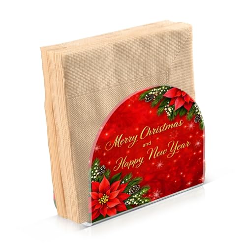 Christmas Fir Red Poinsettia Flowers Napkin Holder for Table Paper Napkins Holder Acrylic Tissue Dispenser Kitchen Dining Room Bathroom Party Car Decor (NH019 / 4.1x4.9x1.97in)