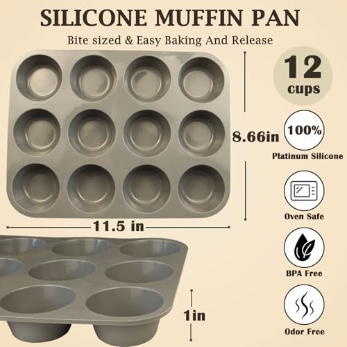 12 Cups Silicone Mini Muffin Pan Set (Set of 2--12 Cups (Grey+Grey))