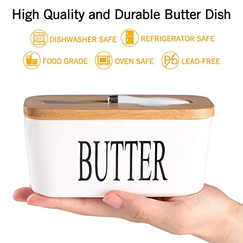 Ceramic Butter Dish with Bamboo Lid and Stainless Steel Knife Spreader (White)