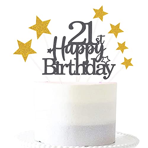 Black Gold 21st Birthday Cake Topper with Glittery Stars (7 Count)