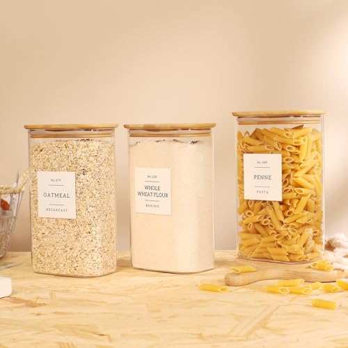 3 Pack Square Glass Pantry Storage Containers with 132 Kitchen Food Pantry Labels