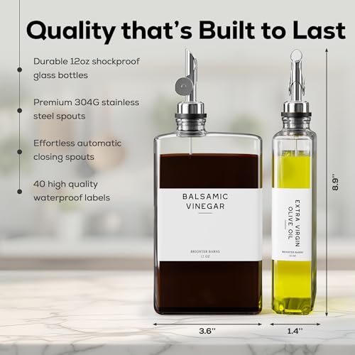 Glass Olive Oil Dispenser Bottle for Kitchen by Brighter Barns (Clear/Silver)
