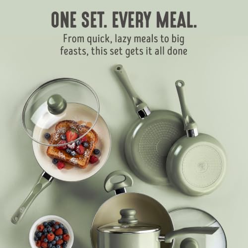16pc Ceramic Nonstick Pots & Pans Cookware Set (16 Piece Cookware Set / Bloom / Sage Green)