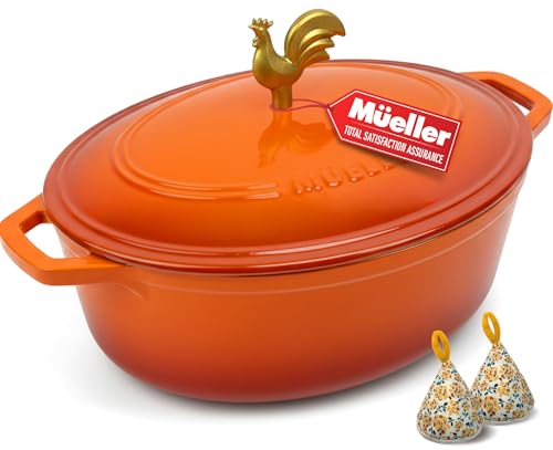 MUELLER HOME 5.5 Quart Enameled Cast Iron Oval Dutch Oven w Rooster Knob & Cotton Potholders (5.5 Quart -Oval / Orange)