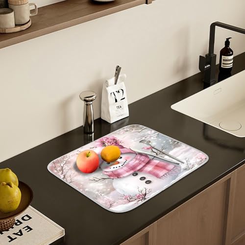 Winter Pink Snowman Dish Drying Mat for Kitchen Counter Absorbent Microfiber Christmas Small Drying Pad Dish mats for Kitchen Countertops 16 x 18 Inch (Christmas Pink Snowman / 18" x 16")