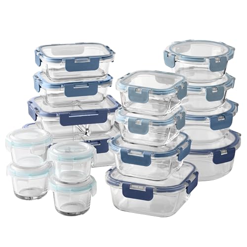 Premium 32 Pc. Borosilicate Glass Food Container Set with Dividers (Ombre Blue)