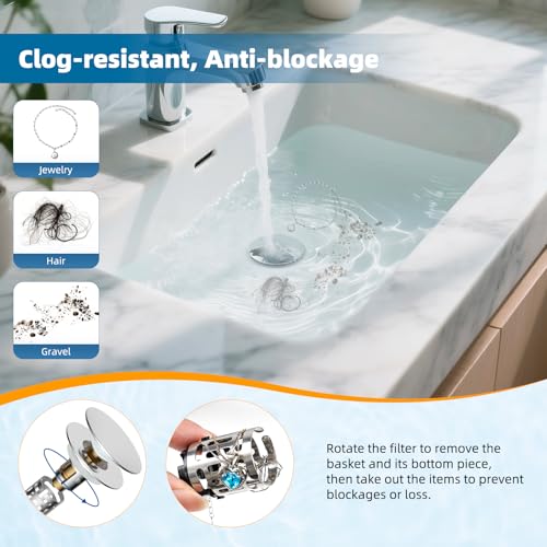 2 Pack Upgraded 3 in 1 Bathroom Sink Drain Strainer (Chrome)