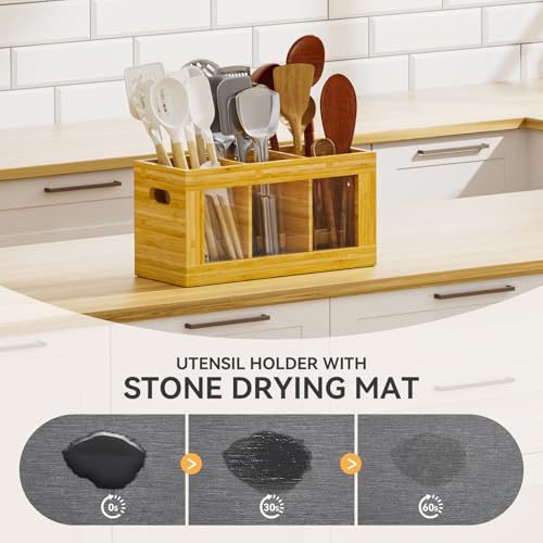 Bamboo Kitchen Utensil Holder with Drying Stone and 6 Compartments
