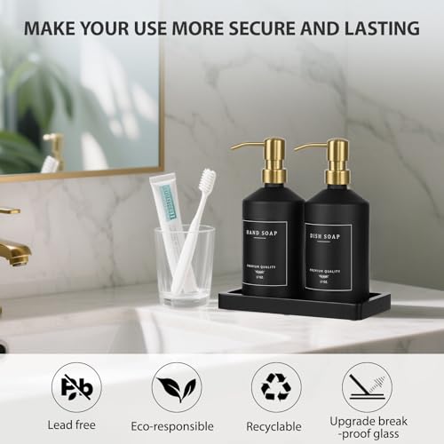 Black Glass Kitchen Hand and Dish Soap Dispenser Set (Black Bottle + Gold Pump)