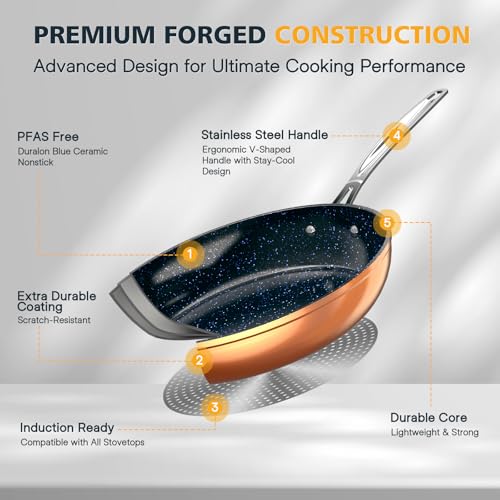 3-Piece 8”, 10”, 12” Forged Lightweight Frying Pan Set, Cozy Blue (3pc Fry Pan Set / Rustic Copper)