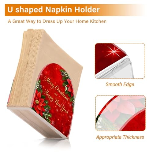 Christmas Fir Red Poinsettia Flowers Napkin Holder for Table Paper Napkins Holder Acrylic Tissue Dispenser Kitchen Dining Room Bathroom Party Car Decor (NH019 / 4.1x4.9x1.97in)