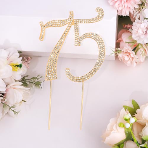 Gold 75th Birthday Cake Topper Rhinestones Cake Decorations for 75th Birthday Party (75th- Gold)