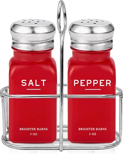 Red Salt and Pepper Shakers Set with Holder by Brighter Barns (Red)