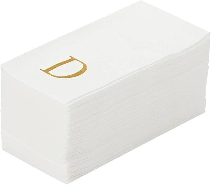 Luxenap 15.8 X 7.9 Inch Linen-Feel Guest Towels, 50 Lettered Hand Towels - Gold Letter 'D', Sans Serif Font, White Paper Dinner Napkins, airlaid, For Restrooms And Tables - Restaurantware