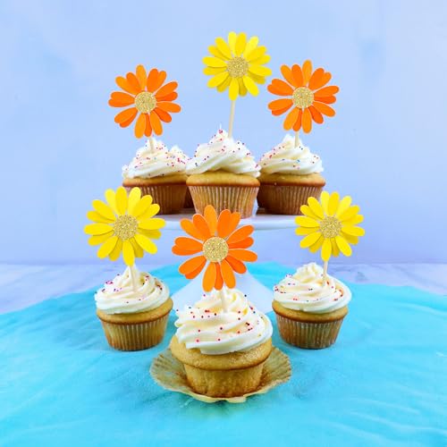 24Pcs Orange Daisy Cupcake Toppers Flower Cake Toppers Daisy Cake Decorations Chrysanthemum Cupcake Toppers Spring Daisy Flower Cake Picks for Birthday Wedding Supplies (24 Count)