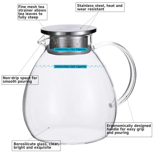 68OZ 2000ML One Touch Glass Teapot with Stainless Steel Filter Lid (68OZ (Round Bottom))