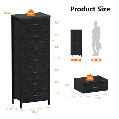 Black Bedroom Dresser (Black Oak / 11.8"D x 15.8"W x 43.3"H (7 Drawers))