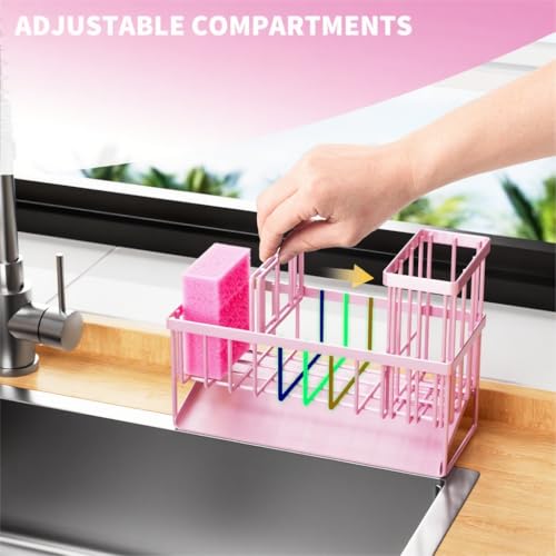 Pink Kitchen Sink Caddy Organzier with High Brush Holder