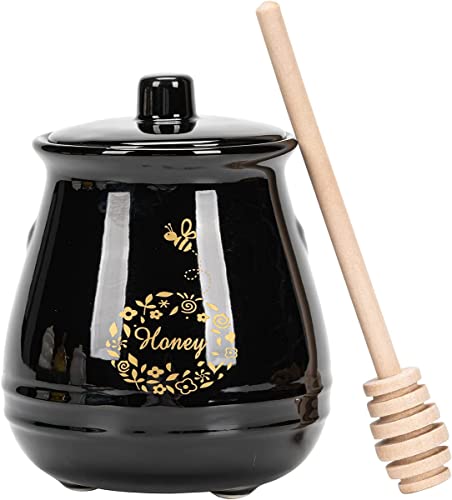 Ceramic Honey Jar With Wooden Honey Dipper (Honey Jar-Black)