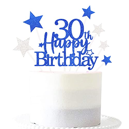 Royal Blue 30th Birthday Cake Topper with Glittery Stars (7 Count)