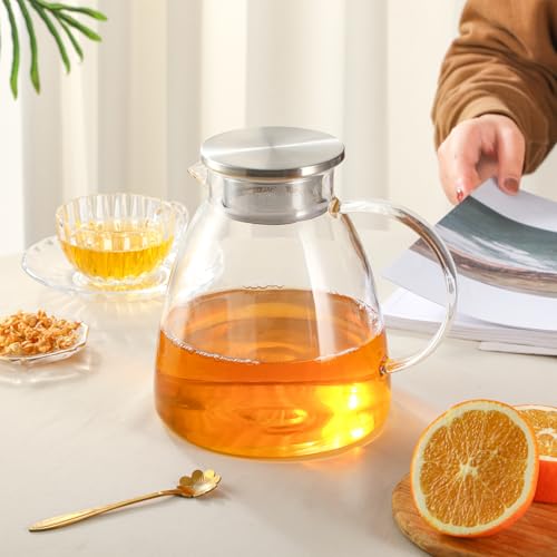 68OZ 2000ML One Touch Glass Teapot with Stainless Steel Filter Lid (68OZ (Square Bottom))
