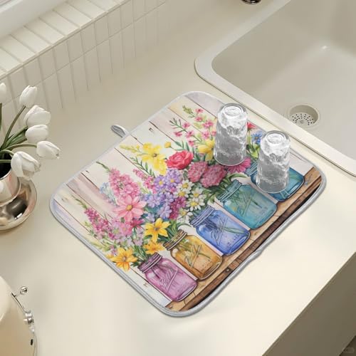 Spring Floral Jars Rustic Dish Drying Mat for Kitchen Counter Absorbent Microfiber Large Drying Pad Flowers Dish Mats for Kitchen Countertops 18 x 24 Inch (24" x 18")