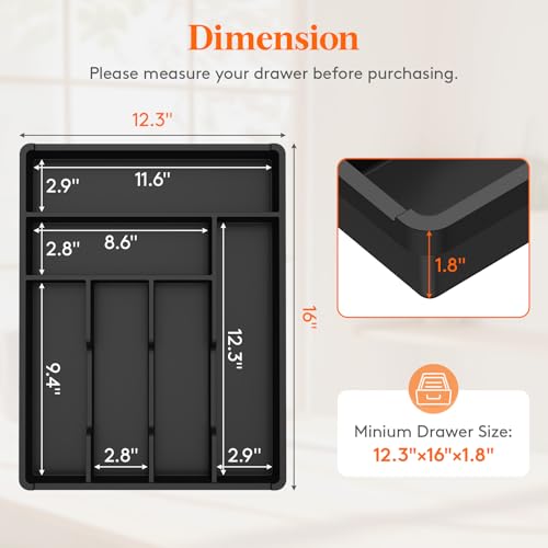 Silverware Drawer Organizer Tray (Black / 12.3 x 16 inch (6 Slots))