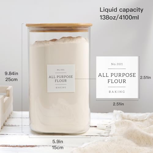 Large glass flour and sugar containers with 132 Kitchen Pantry Labels (138OZ)