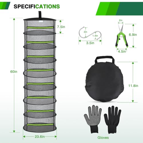 8 Layer Herb Drying Rack Hanging Mesh Foldable Plant Drying Racks 24" w Green Zipper Pruning Shears Gloves Dryer Hanging Rack for Herbs Seed Bud Fruit Clothes Grow Tent Closets Garden Outdoor