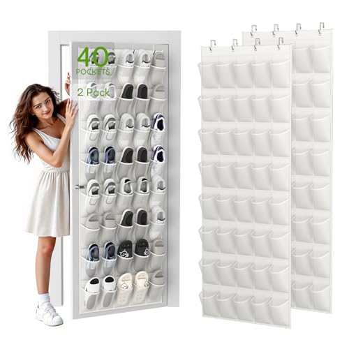 Over the Door Shoe Organizer with 40 Large Breathable Mesh Pockets (White / 80 Pockets)