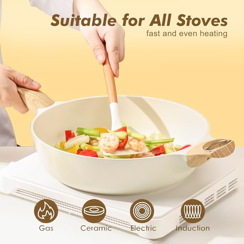 Ceramic Nonstick Frying Pan Skillet with Lid (6QT / 13.3IN / Ceramic White)