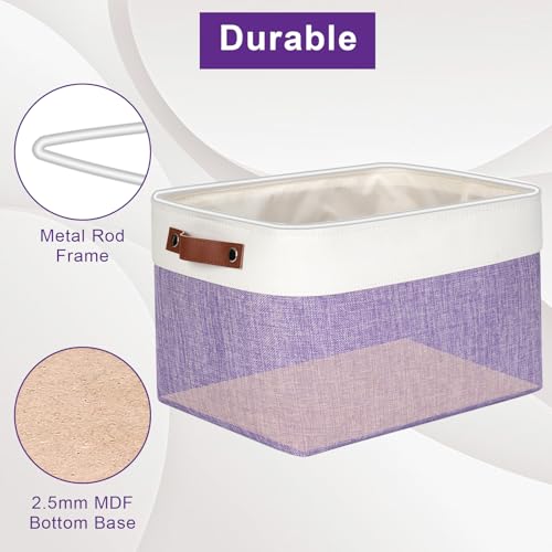 Storage Bins Large Fabric Storage Baskets for Shelves 3 Pack (Purple / Off-White / Large -15"x11"x9.5")