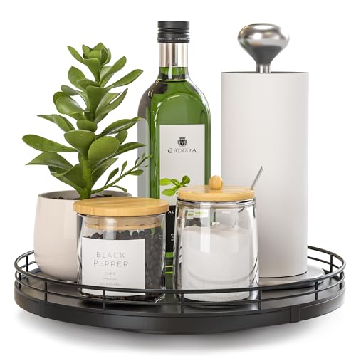 10 Inch Oak Lazy Susan Countertop Organizer with Black Metal Rail (Black / 10)