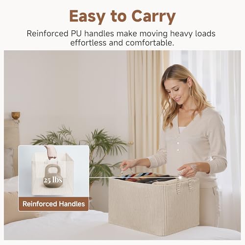 Fabric Storage Bins (Khaki and Beige Stripes / 16 ½" L x 12" W x 10 ¼" H)