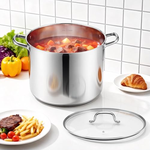 20-Quart 18/10 Stainless Steel Stock Pot with Lid, Large Heavy Duty Soup Pot Compatible with Electric, Gas, Induction and Gas Cooktops, Non-Toxic & Corrosion Resistant, Dishwasher Safe (20 Quarts)