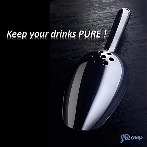 Large Ice Scoop with Holes. Stainless Steel Ice Scoop with Drain Holes to Reduce Unwanted Dilution. Heavy Duty and Dishwasher Safe. Six Ounce Capacity