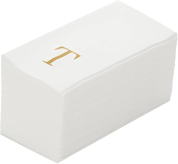 Luxenap 15.8 X 7.9 Inch Linen-Feel Guest Towels, 50 Lettered Hand Towels - Gold Letter 'T', Sans Serif Font, White Paper Dinner Napkins, airlaid, For Restrooms And Tables