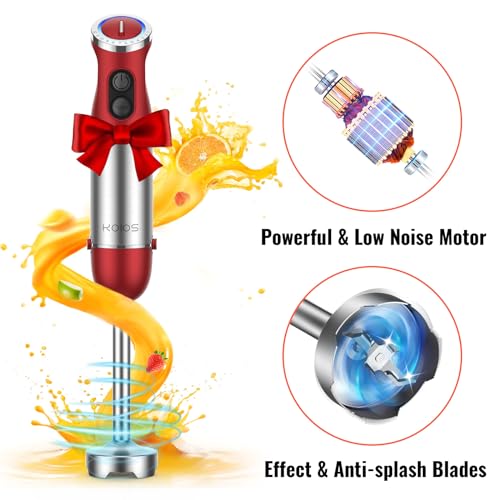 5-in-1 Hand Immersion Blender, 1000W 12 Speed Handheld Blender Stick with Copper Motor Stainless Steel Blade, 600ml Mixing Beaker,500ml Food Processor, Whisk, Milk Frother, Non-BPA, Red (Red)