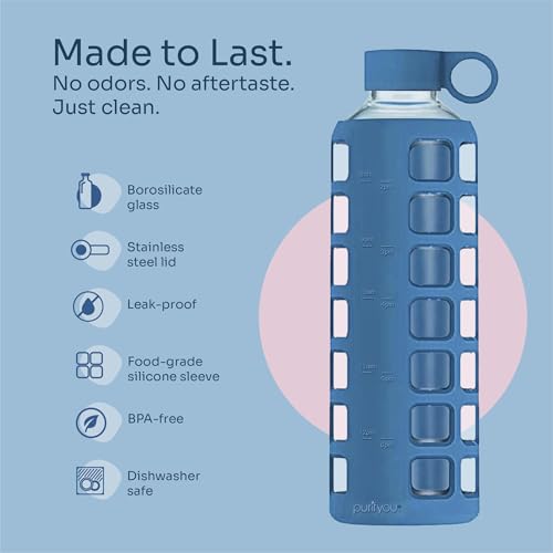40oz / 32oz / 22oz / 12oz Borosilicate Glass Water Bottle with Time & Volume Markers, Silicone Sleeve, Stainless Steel Lid | Reusable Glass Bottle for Water & Juice (40oz Chinese Porcelain) (Chinese Porcelain (1 Count) / 40 Ounces)