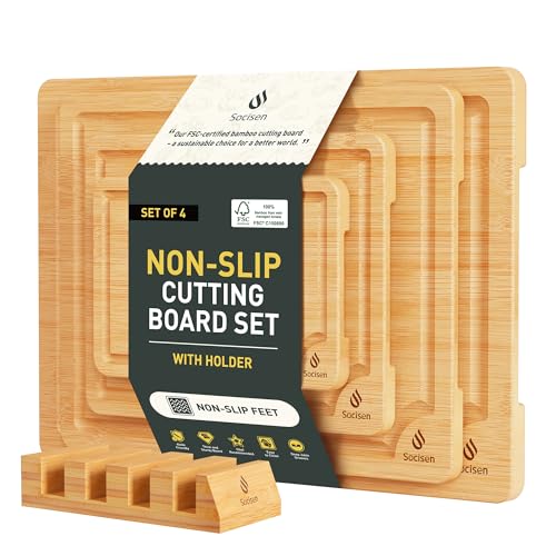 Bamboo Cutting Board Set Non Slip Feet with Holder Over Sink Adult Women Her Sister Aunt Wife Hustband Lady Bestie Soul Happy Christmas Xmas Birthday Gifts Cool Unique Aesthetic 30 40 60 70 Year Old (4 Pack with Holder / Natural)