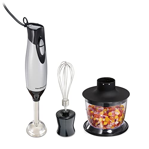 4-in-1 Electric Immersion Hand Blender with Handheld Blending Stick, Whisk + 3-Cup Food & Vegetable Chopper Bowl, 2-Speeds, 225 Watts, Silver and Stainless Steel (59765) (3-Piece / Blender)