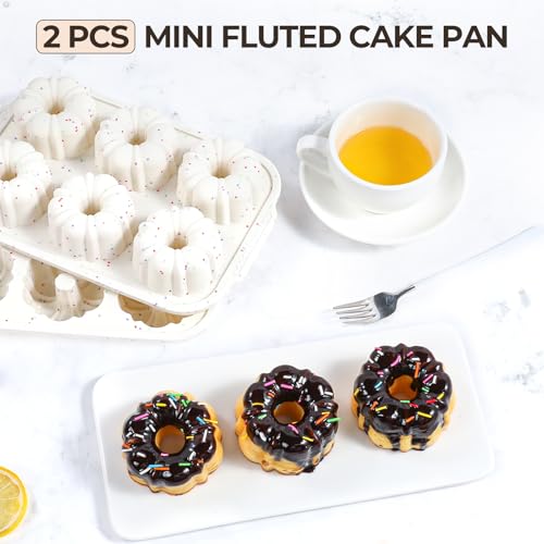 3 Inch Mini Fluted Tube Cake Pans for Baking with Metal Reinforced Frame (Mini Creamy: 2 pcs)