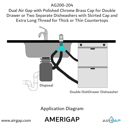 Dual Air Gap with Polished Chrome Brass Cap for Double Drawer or Two Separate Dishwashers with Skirted Cap and Extra Long Thread for Thick or Thin Countertops (AG200-204)